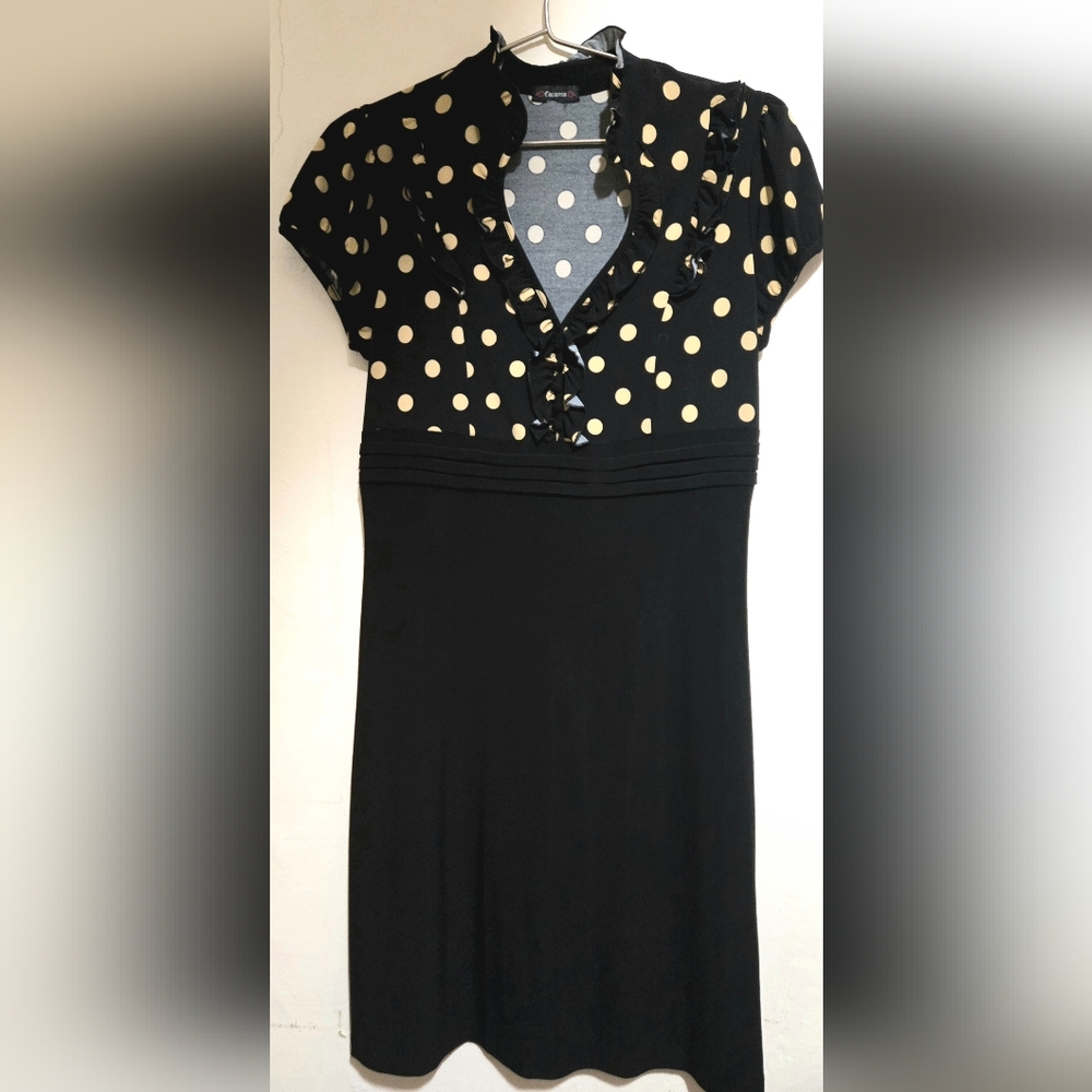 Vintage Cocomo Perfect Date Dress Blk&Beige Polka Dots Stretch Lycra Size Large